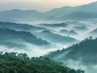 Layers of mountains shrouded in fog creating a tranquil and ethereal green landscape at sunrise