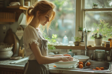 Young woman washing dishes in a sunlit rustic kitchen, lost in thought