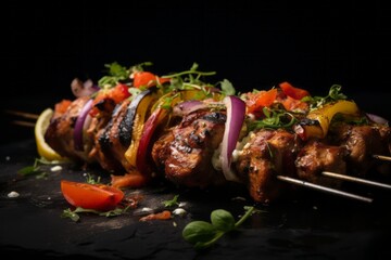 Delicious kebab on a rustic plate against a black slate background