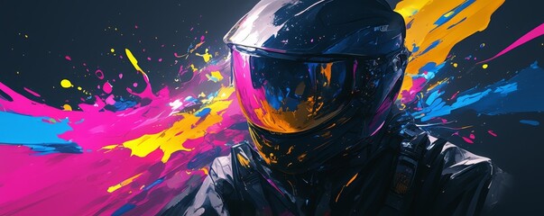Create an epic artwork of paintball player with splashes, colorful powder and black background - obrazy, fototapety, plakaty