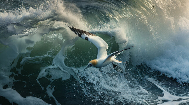 A northern gannet diving near the coast during a storm