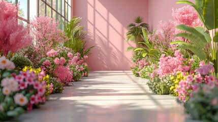 Fototapeta na wymiar Spring sale, catwalk in flowers and pink colored. AI generate illustration