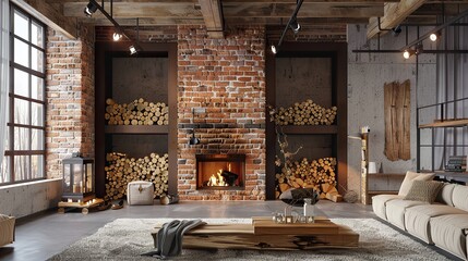 Interior portrait of loft style house with cozy fireplace with burning firewood against brick wall background. Home concept in winter