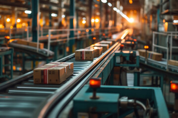 Conveyor belt in a modern factory, showcasing efficiency in industrial automation and logistics - obrazy, fototapety, plakaty