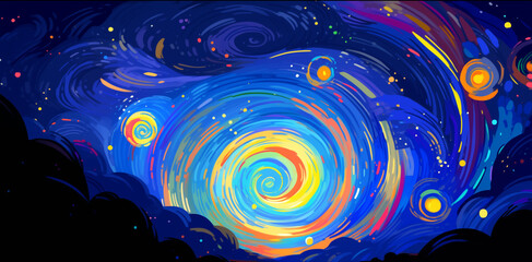 Hand drawn cartoon beautiful abstract artistic spiral night sky illustration	
 - obrazy, fototapety, plakaty