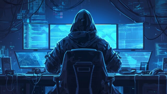 dark hooded hacker in front of computer, code on screen