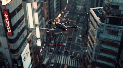 Delivery drone flying over the city with a view of the city center and tall buildings - obrazy, fototapety, plakaty