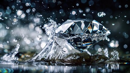 portrait of sparkling diamond with water splash. Shining diamond stones on dark background