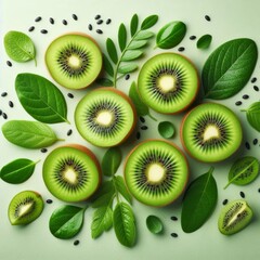 Fototapeta premium A vibrant composition of kiwi slices and leaves on a bright green background. The image captures the fresh essence and texture of the fruit. AI generation