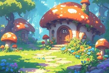 Obraz na płótnie Canvas Mushroom houses in the forest, with flowers and grass around them. The background is green trees, creating an atmosphere of fantasy and fairy tale.