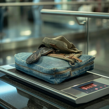 Image at the airport where baggage is weighed on the scale.