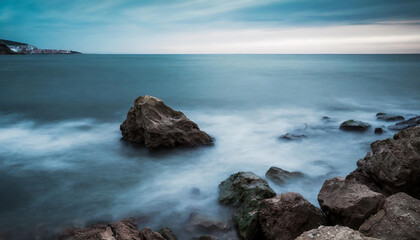 Fototapeta na wymiar Beautiful sea view with rocks, blue sky and calm water. Long exposure photography.