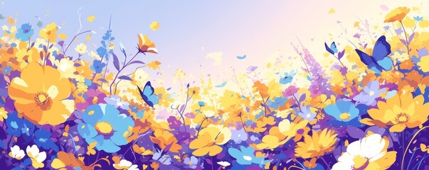 Vibrant abstract background with blooming flowers and blue butterflies, creating an enchanting atmosphere 