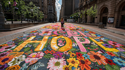 A flower arrangement in the city with colorful flowers forming the word 
