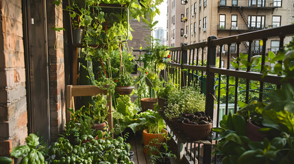On a metropolitan apartment balcony herb and vegetable  garden with plants growing up the sides. herbs, balcony plants, apartment living,