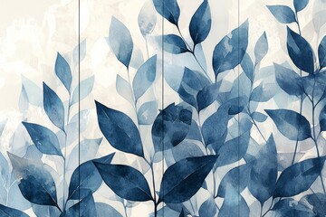 watercolor, geometric patterned tile with leaves in shades of blue and gray 