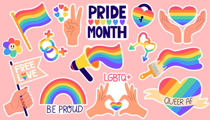 LGBT sticker pack on pink background. LGBTQ set. Symbol of the LGBT pride community. Rainbow elements. Vector hand draw illustration 

