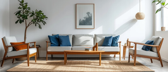 Minimalist home decor with plush sofa and natural textures, exuding warmth and modern comfort