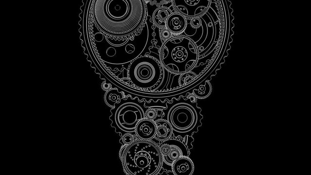 White lines on a black background illustrate gears and cogs spinning together, creating the outline of a light bulb in a technical drawing style.