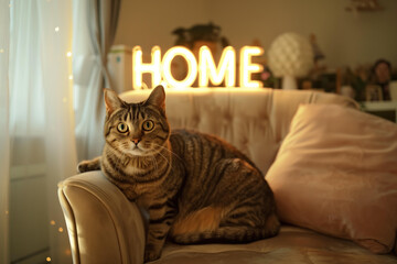 A cute cat is sitting on the beige velvet armchair in front of neon sign with word HOME, light pastel colors, minimalistic scandinavian cozy interior design