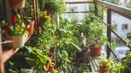 On a metropolitan apartment balcony herb and vegetable  garden with plants growing up the sides. City balcony gardening
