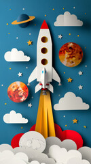 Naklejka premium Colorful Paper Crafted Space Rocket and Planets Set, launching into space, clouds stars educational creative content, Blast off Discovery imagination playful poster whimsical backdrop celestial