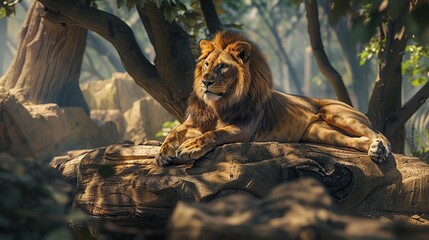 A male lion is sitting on a rock in the middle of the forest