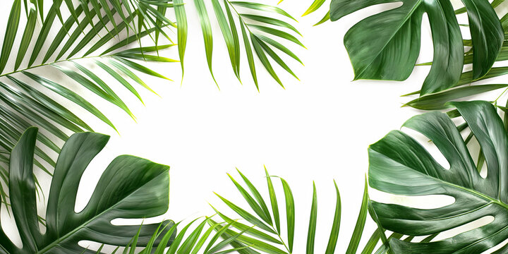 Tropical leaves frame on white background with copy space, mockup for design and text. Top view of tropical plants border on gray concrete table. Green monstera leaf and tropical leaves pattern.