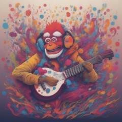 A Colorful Monkey Playing Guitar in a Vibrant World with Joyful Expression and Music Creativity Abstract