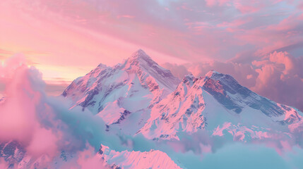 Soft pink skies envelop the snow-covered mountain range, creating a scene of ethereal beauty and tranquility - Powered by Adobe