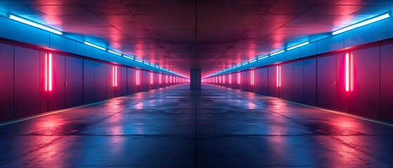 Empty Corridor Illuminated By Neon Light. Illustration On The Theme Of The City And Infrastructure.  Generative AI
