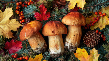 boletus mushrooms in fall forest