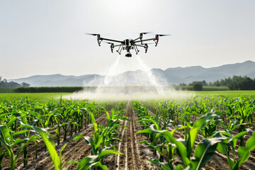 Drone flying over a cornfield, spraying agricultural chemicals. Cultivators using drones tech to maintain or monitor crops  - obrazy, fototapety, plakaty