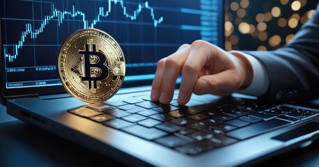 A golden Bitcoin coin rests on a laptop keyboard, symbolizing digital currency trading. In the background, stock market graphs glow on the computer screen, reflecting the volatile nature of - obrazy, fototapety, plakaty