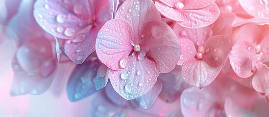 A cluster of pink hydrangea blossoms are featured in this macro shot, each petal glistening with water droplets. The vibrant pink hues and delicate petals create a visually striking image.