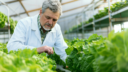 Researcher working at a hydroponic farm, checking the health of leafy greens in a brightly lit greenhouse, wearing a lab coat, precision and care in modern agriculture
