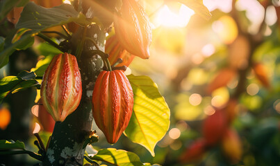 Cocoa tree with fresh growing fruits pods against sunshine, blurry natural background.