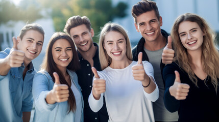 A group of young people are smiling and giving thumbs up to the camera. Scene is happy and positive