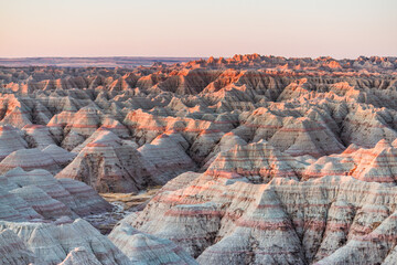 The beautiful Badlands National Park in South Dakota with sunset view in the background