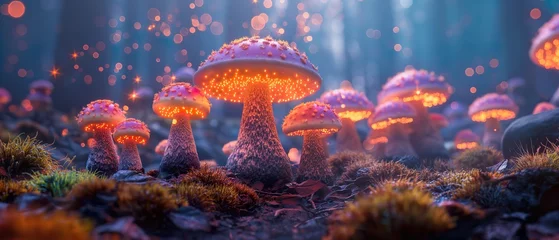 Crédence de cuisine en verre imprimé Forêt des fées Bright Toxic Mushrooms Growing In A Fairy Forest. Illustration On The Theme Of Fantasy, Space And Fairy Tales. Generative AI