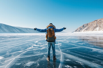 Man in winter hiking clothes with backpack stay on frozen icy lake with his arms spread to side. Tourism, freedom, trips. Generative AI - obrazy, fototapety, plakaty