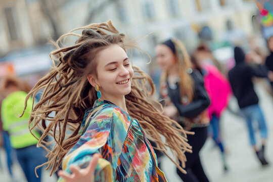 Street dance flash mob. Dark-skinned girl with dreadlocks and jewelry dances in foreground. Street youth dances. Festival holiday. AI Generative.