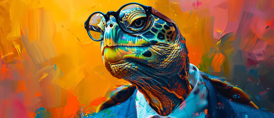 Profile portrait of a turtle in a suit and glasses, vivid colorful background, close-up, distinguished look, superrealistic - obrazy, fototapety, plakaty