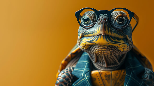 Elegant turtle in a suit and glasses, wide angle, pastel-colored background, light-hearted, stylish, 8K