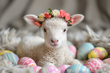 Generative Ai of Baby lamb with flower crown and easter eggs	
