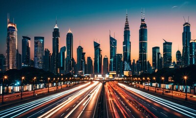 Fototapeta na wymiar A breathtaking cityscape at twilight, showcasing the contrast of static architecture and dynamic car light trails. The serene sky balances the bustling ground traffic below. AI generation