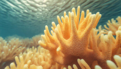 Close-up of minimalistic beautiful natural yellow corals. Coral texture underwater. Marine life.