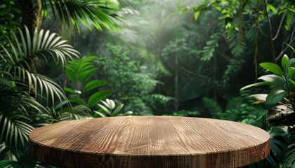 Fototapeta premium wooden podium in tropical forest. realistic 3d rendering . platform for product presentation . ai generative
