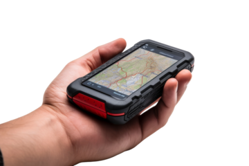 Navigating the World: Hand Holding Cell Phone Map. On a White or Clear Surface PNG Transparent Background.