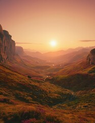 Fototapeta na wymiar A breathtaking sunset view over a vast valley with rolling hills covered in heather, an image capturing the tranquility of nature